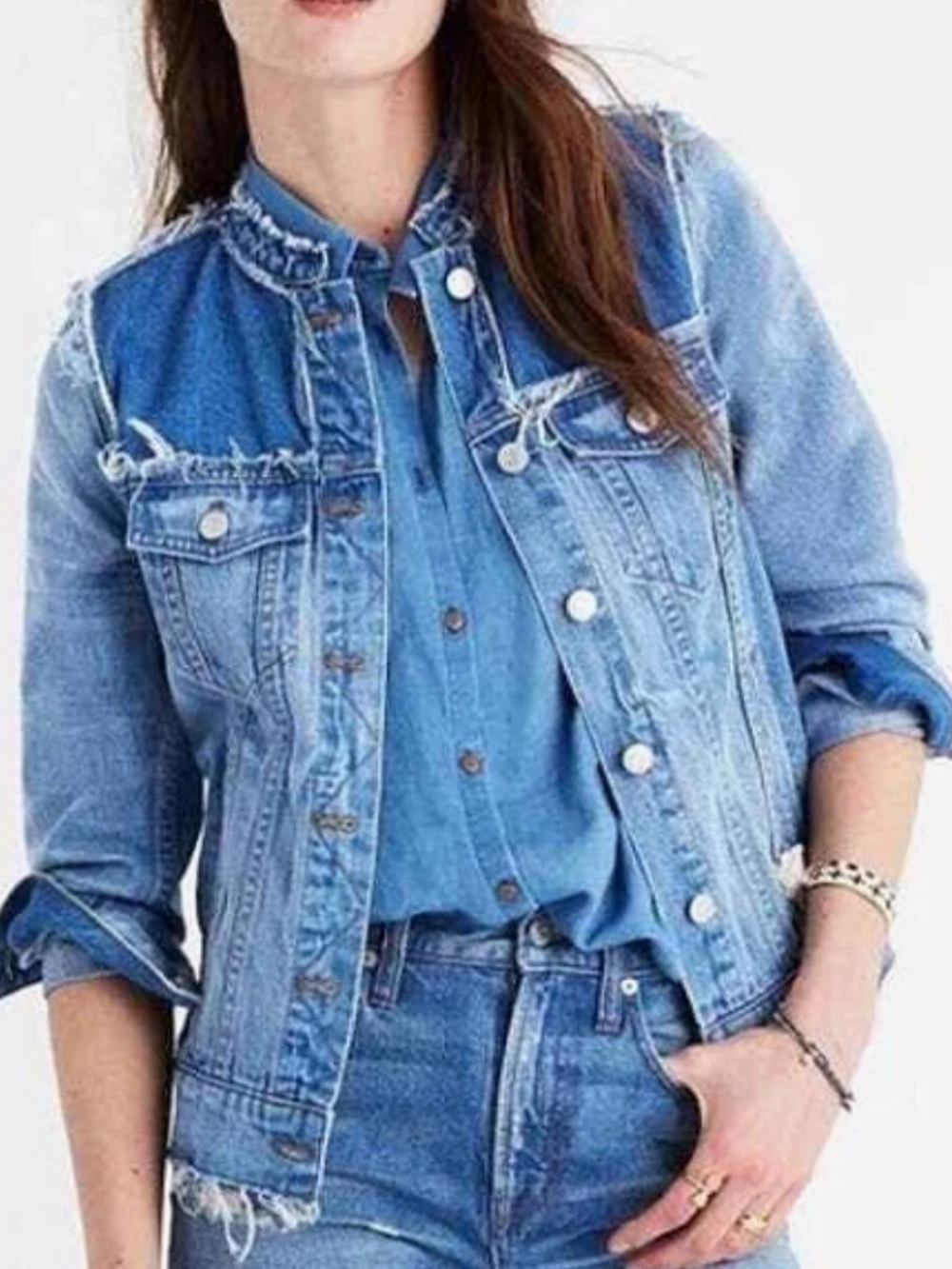 Madewell Collarless  Denim Jacket in Distressed Thundercloud Wash